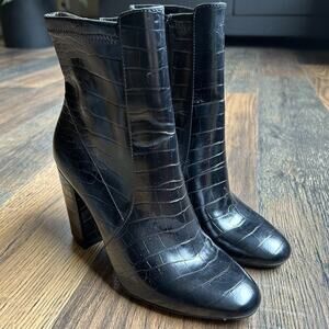 ALDO Womens Ankle Boots 6 Black Croc Embossed Side Zip Block 4" Heel Faux